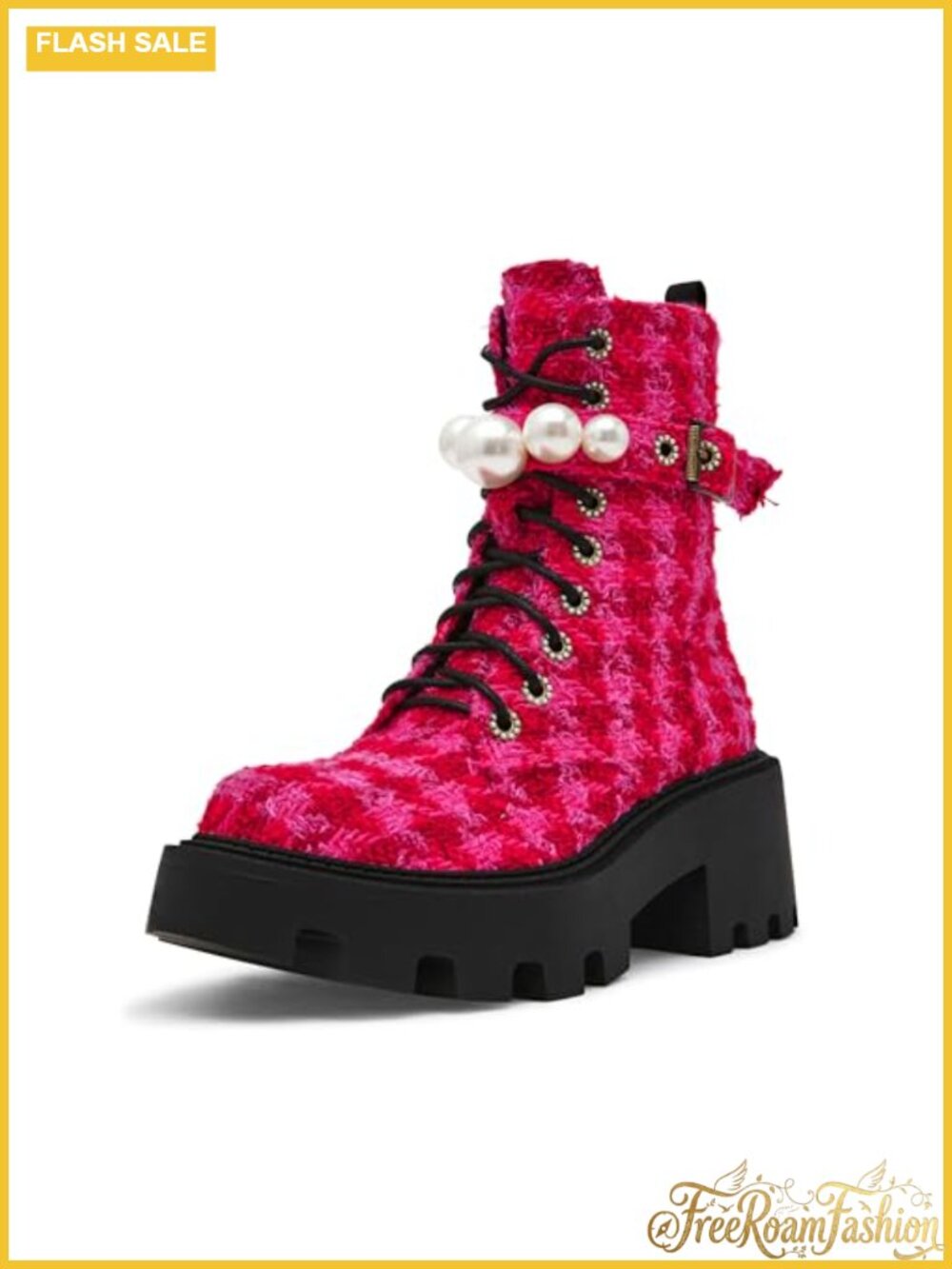 Pearl Detail Platform Combat Boot Block Heel Ankle Bootie